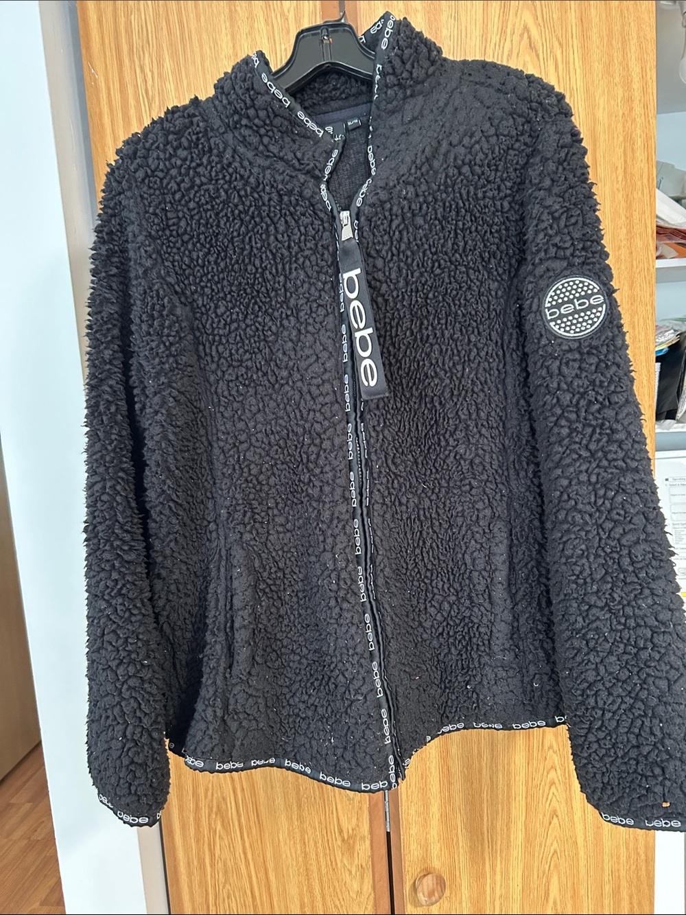bebe Black Sherpa Zip Front Teddy Jacket